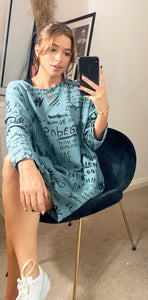 Printed Oversize Loungewear Sweatshirt Dress Teal