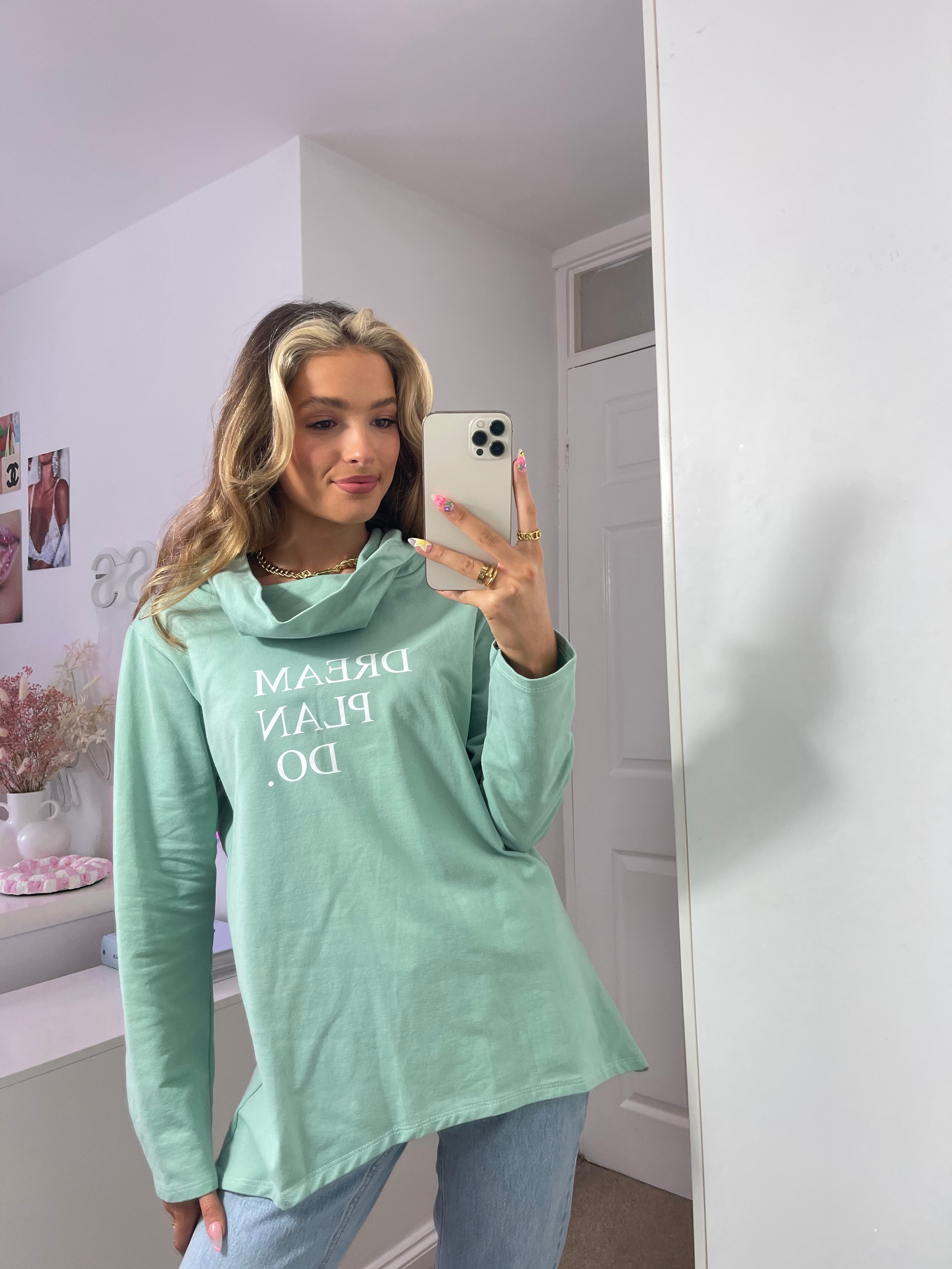 Dream Plan Do Cowl Neck Slogan Sweat Tunic In Green