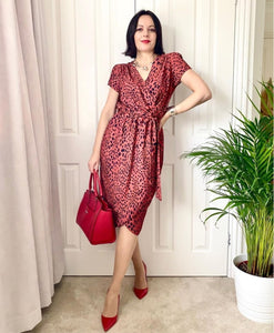 Dallas Summer Midi Wrap Style Dress In Red Leopard Print