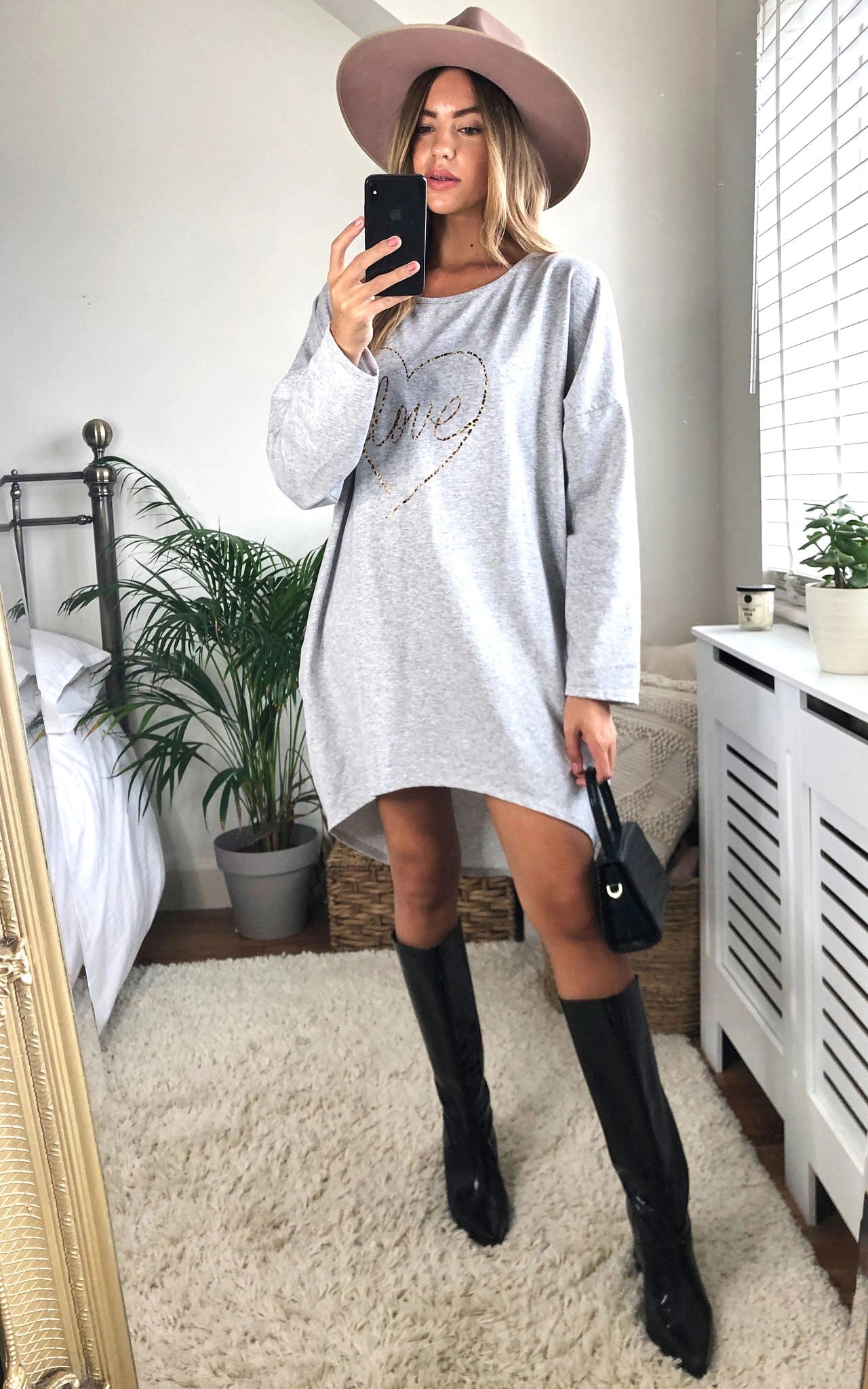 Leopard Love Heart Slogan Sweat Dress In Grey