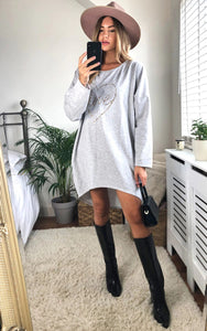 Leopard Love Heart Slogan Sweat Dress In Grey