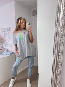 Pastel Love Slogan Oversized Sleeveless Top In Grey