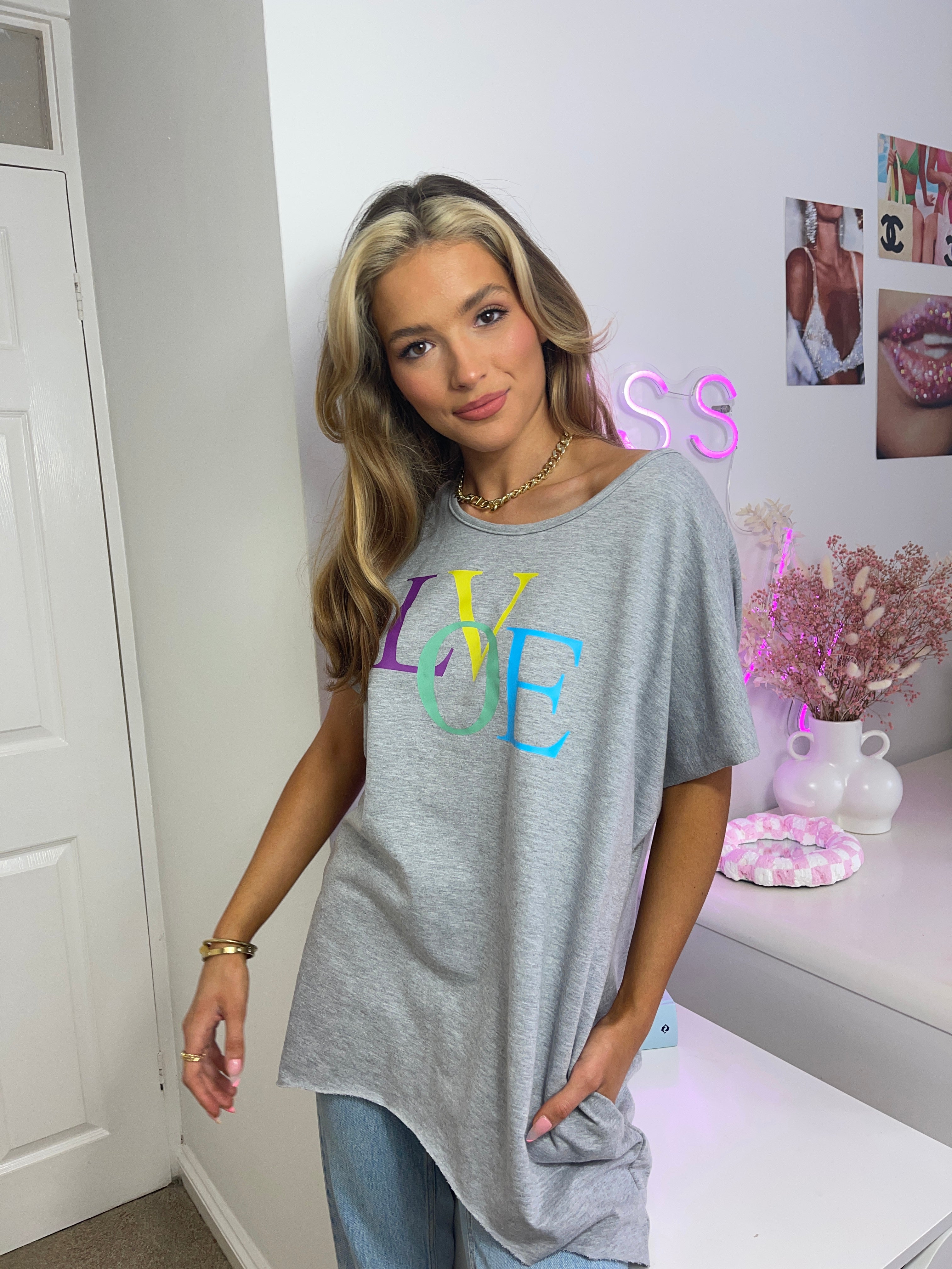 Pastel Love Slogan Oversized Sleeveless Top In Grey