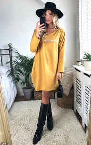 Overdressed Slogan Sweat Dress In Mustard