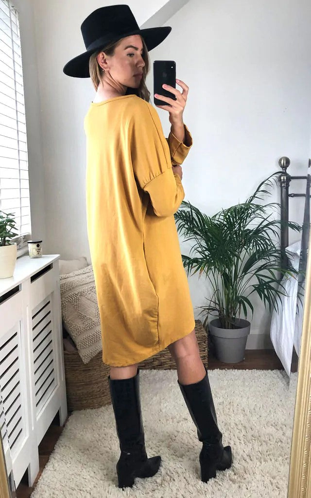 Overdressed Slogan Sweat Dress In Mustard