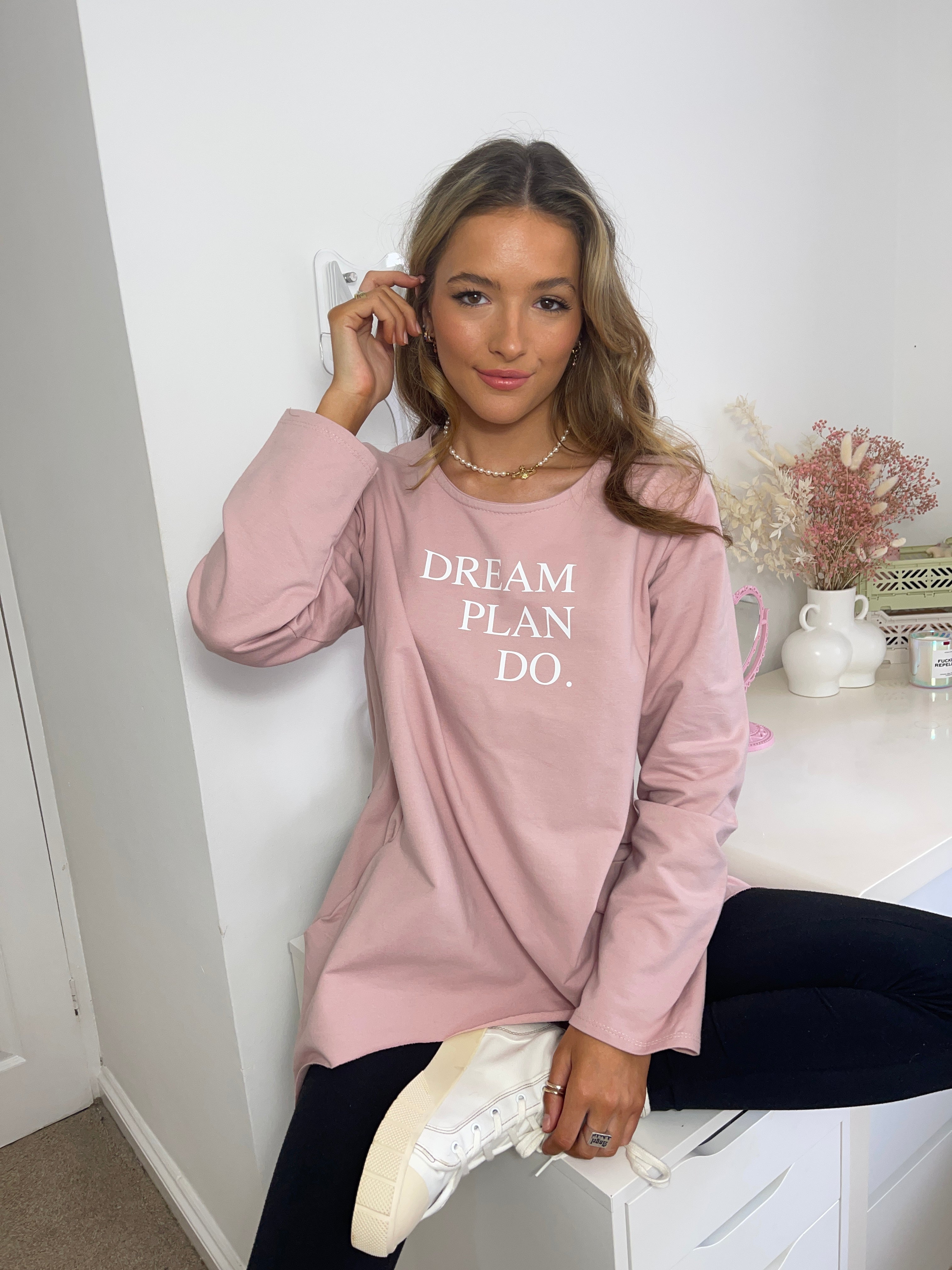 Dream Plan Do Slogan Sweat Tunic In Pink